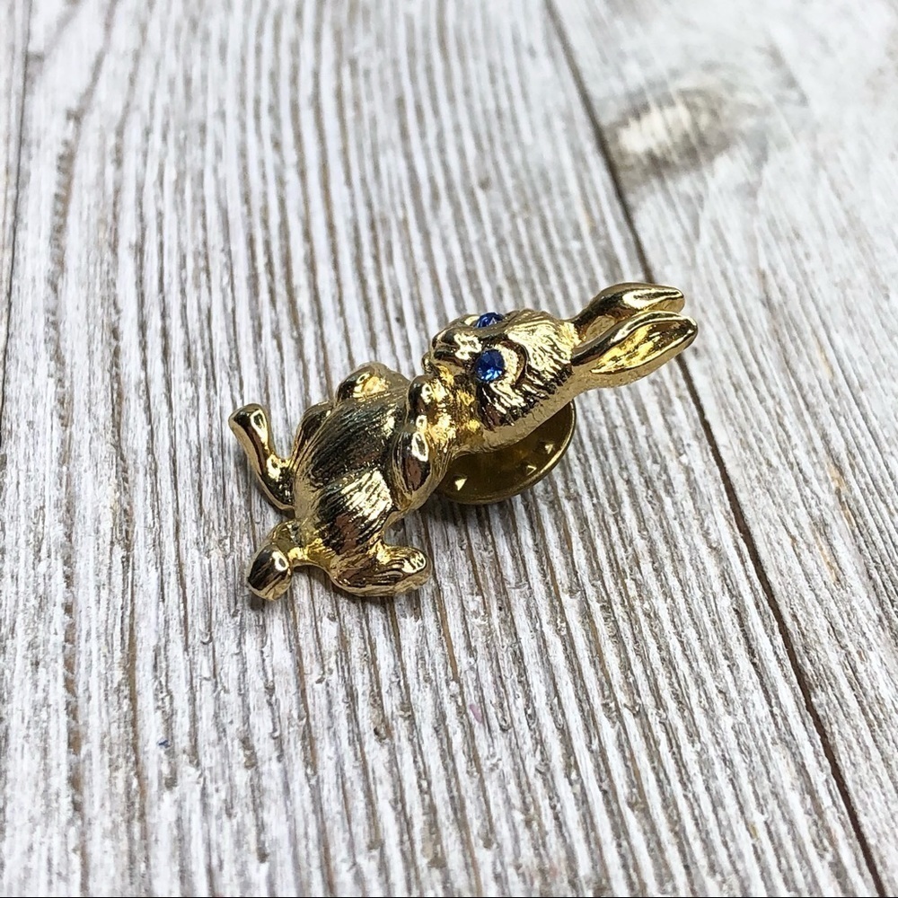 Vintage Gold Rabbit Blue Rhinestone Bunny Pin - Picture 2 of 6